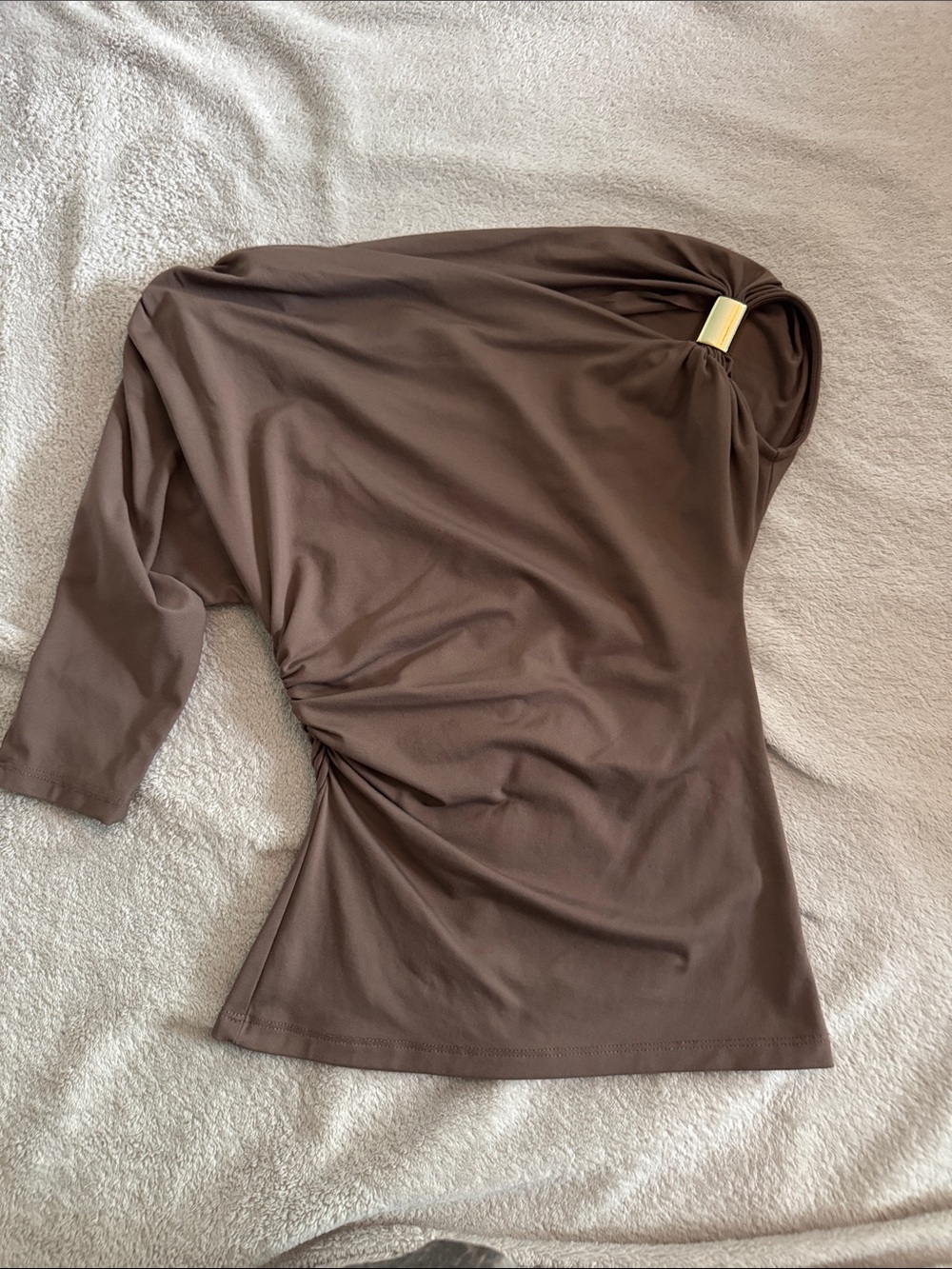 Zara Brown One-Shoulder Drape Top with Gold Accent